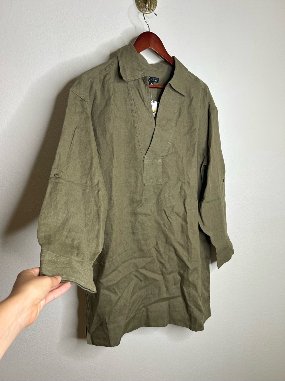 NWT J. Crew 100% Linen Popover Long Sleeve Mini Dress in Army Green